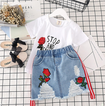 Kids Clothes White T-shirt Denim Skirt 2pcs Girls Suits