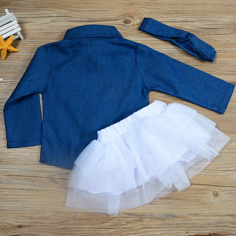 Girls denim jacket mesh skirt three-piece mesh long sleeve skirt suit