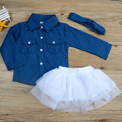 Girls denim jacket mesh skirt three-piece mesh long sleeve skirt suit