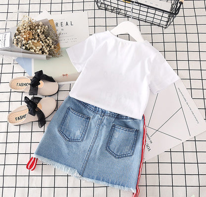 Kids Clothes White T-shirt Denim Skirt 2pcs Girls Suits